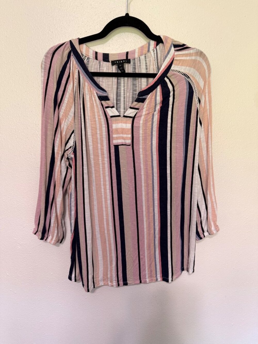 Tribal Top Pink Navy White Peach Stripe V Neck with Crochet Womans L